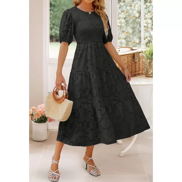 imageZESICA Womens 2023 Summer Short Puff Sleeve Crewneck Smocked Floral Lace Flowy A Line Tiered Midi DressesBlack