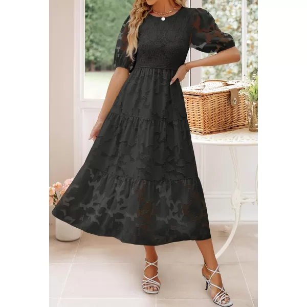 imageZESICA Womens 2023 Summer Short Puff Sleeve Crewneck Smocked Floral Lace Flowy A Line Tiered Midi DressesBlack