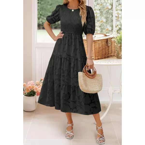 imageZESICA Womens 2023 Summer Short Puff Sleeve Crewneck Smocked Floral Lace Flowy A Line Tiered Midi DressesBlack