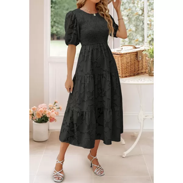imageZESICA Womens 2023 Summer Short Puff Sleeve Crewneck Smocked Floral Lace Flowy A Line Tiered Midi DressesBlack