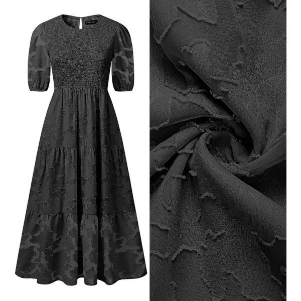 imageZESICA Womens 2023 Summer Short Puff Sleeve Crewneck Smocked Floral Lace Flowy A Line Tiered Midi DressesBlack
