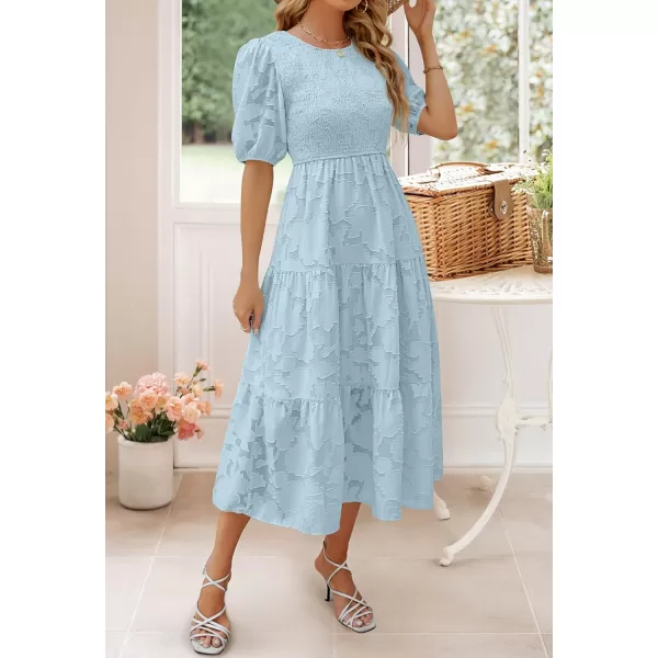 imageZESICA Womens 2023 Summer Short Puff Sleeve Crewneck Smocked Floral Lace Flowy A Line Tiered Midi DressesBlue