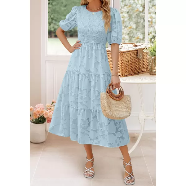 imageZESICA Womens 2023 Summer Short Puff Sleeve Crewneck Smocked Floral Lace Flowy A Line Tiered Midi DressesBlue