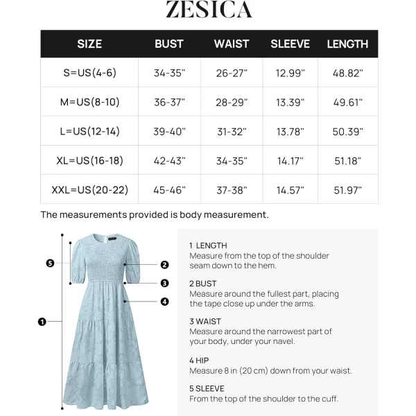 imageZESICA Womens 2023 Summer Short Puff Sleeve Crewneck Smocked Floral Lace Flowy A Line Tiered Midi DressesBlue
