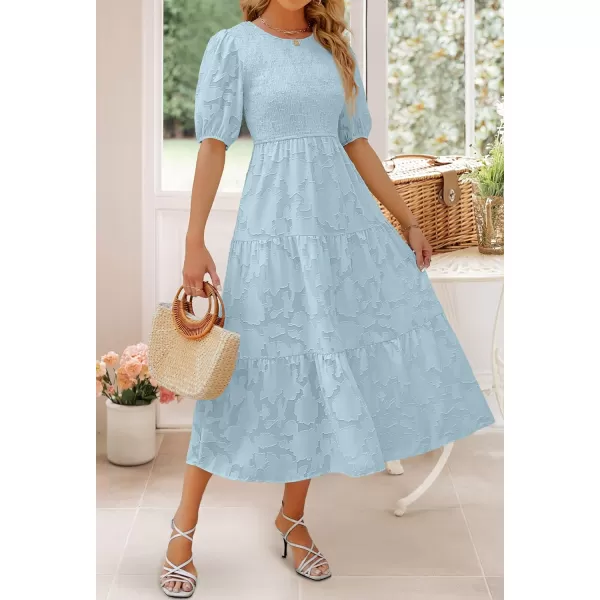 imageZESICA Womens 2023 Summer Short Puff Sleeve Crewneck Smocked Floral Lace Flowy A Line Tiered Midi DressesBlue