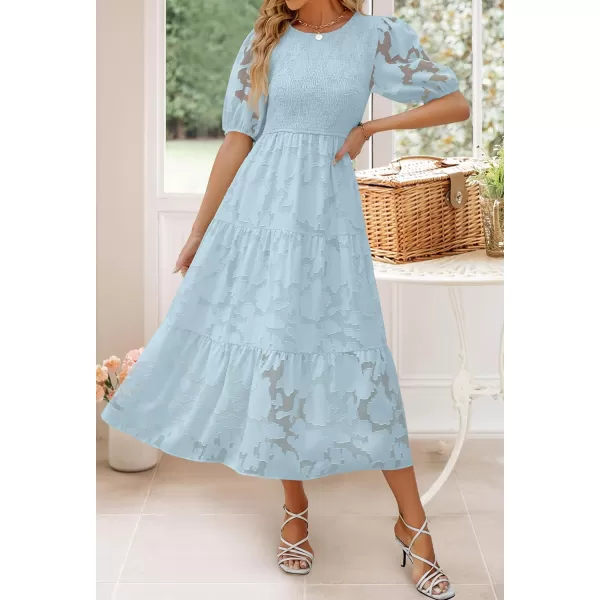 imageZESICA Womens 2023 Summer Short Puff Sleeve Crewneck Smocked Floral Lace Flowy A Line Tiered Midi DressesBlue