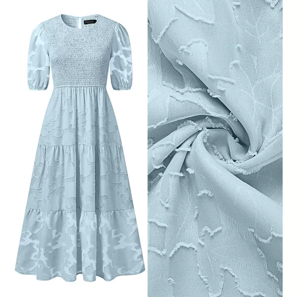 imageZESICA Womens 2023 Summer Short Puff Sleeve Crewneck Smocked Floral Lace Flowy A Line Tiered Midi DressesBlue