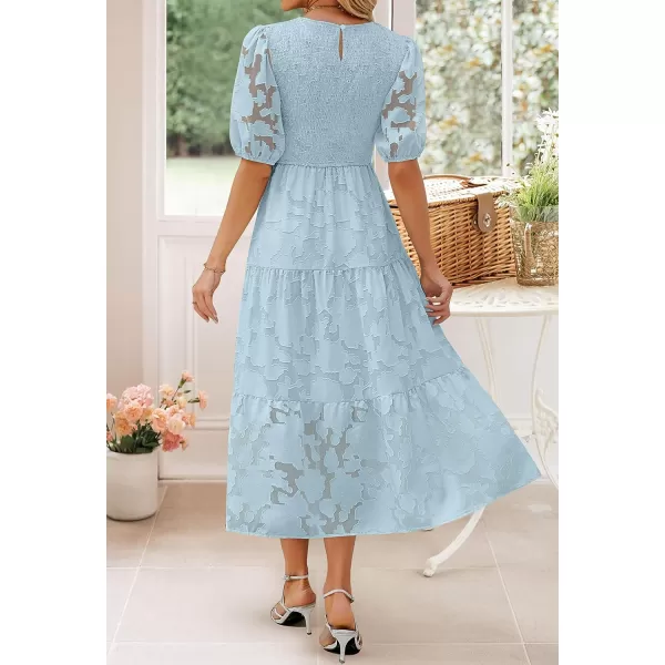 imageZESICA Womens 2023 Summer Short Puff Sleeve Crewneck Smocked Floral Lace Flowy A Line Tiered Midi DressesBlue