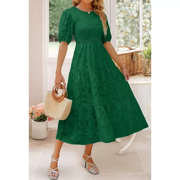 imageZESICA Womens 2023 Summer Short Puff Sleeve Crewneck Smocked Floral Lace Flowy A Line Tiered Midi DressesDarkgreen