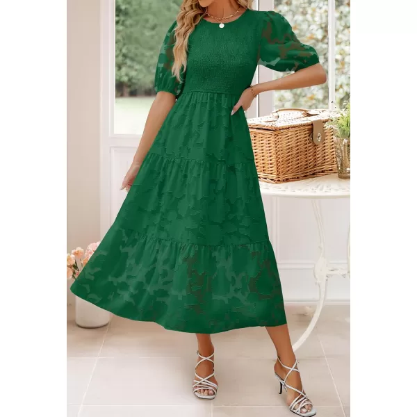 imageZESICA Womens 2023 Summer Short Puff Sleeve Crewneck Smocked Floral Lace Flowy A Line Tiered Midi DressesDarkgreen