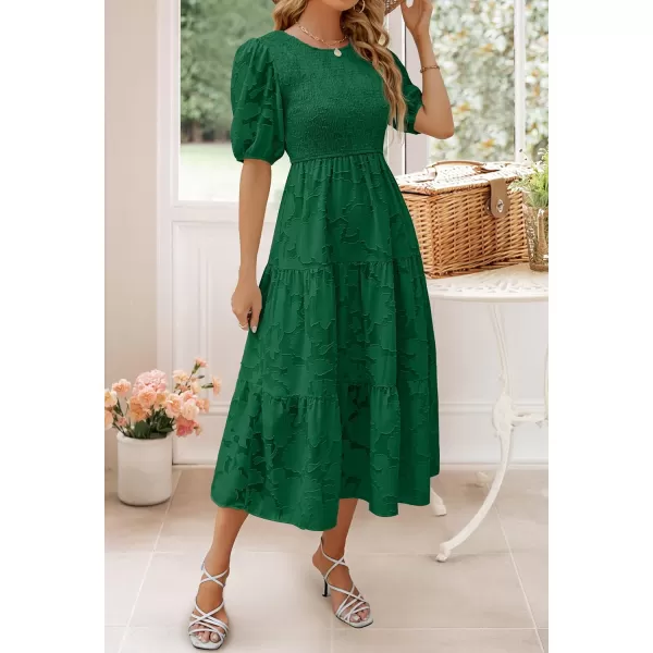 imageZESICA Womens 2023 Summer Short Puff Sleeve Crewneck Smocked Floral Lace Flowy A Line Tiered Midi DressesDarkgreen