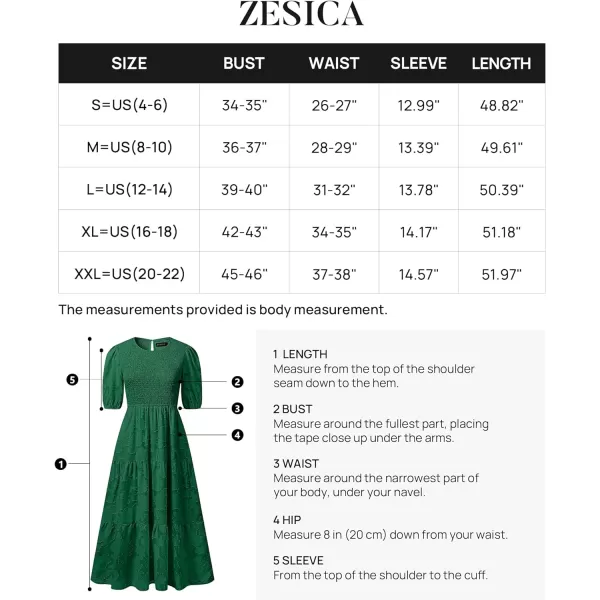 imageZESICA Womens 2023 Summer Short Puff Sleeve Crewneck Smocked Floral Lace Flowy A Line Tiered Midi DressesDarkgreen