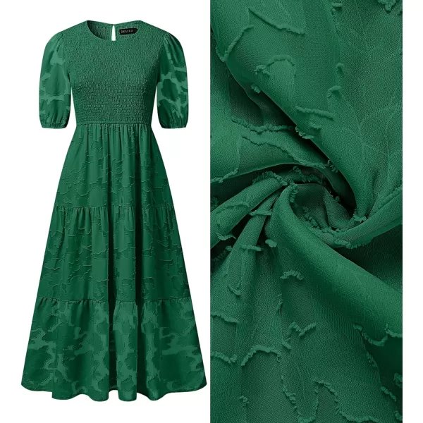 imageZESICA Womens 2023 Summer Short Puff Sleeve Crewneck Smocked Floral Lace Flowy A Line Tiered Midi DressesDarkgreen