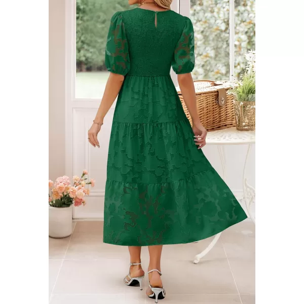 imageZESICA Womens 2023 Summer Short Puff Sleeve Crewneck Smocked Floral Lace Flowy A Line Tiered Midi DressesDarkgreen