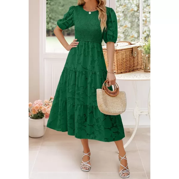 imageZESICA Womens 2023 Summer Short Puff Sleeve Crewneck Smocked Floral Lace Flowy A Line Tiered Midi DressesDarkgreen