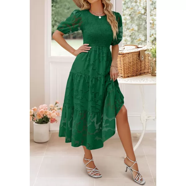 imageZESICA Womens 2023 Summer Short Puff Sleeve Crewneck Smocked Floral Lace Flowy A Line Tiered Midi DressesDarkgreen
