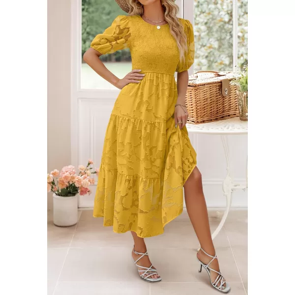 imageZESICA Womens 2023 Summer Short Puff Sleeve Crewneck Smocked Floral Lace Flowy A Line Tiered Midi DressesGinger