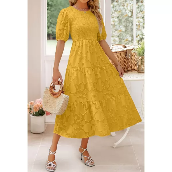 imageZESICA Womens 2023 Summer Short Puff Sleeve Crewneck Smocked Floral Lace Flowy A Line Tiered Midi DressesGinger