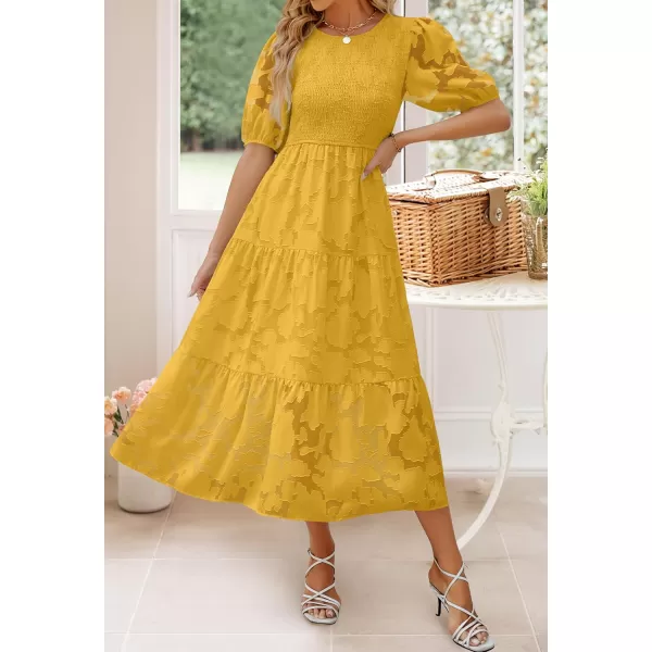 imageZESICA Womens 2023 Summer Short Puff Sleeve Crewneck Smocked Floral Lace Flowy A Line Tiered Midi DressesGinger