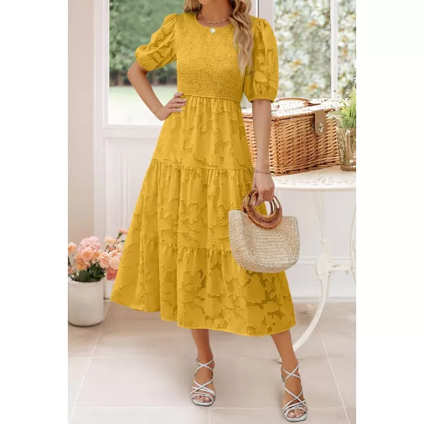 imageZESICA Womens 2023 Summer Short Puff Sleeve Crewneck Smocked Floral Lace Flowy A Line Tiered Midi DressesGinger
