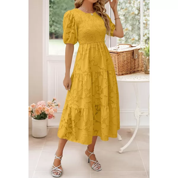 imageZESICA Womens 2023 Summer Short Puff Sleeve Crewneck Smocked Floral Lace Flowy A Line Tiered Midi DressesGinger