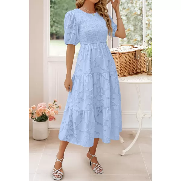 imageZESICA Womens 2023 Summer Short Puff Sleeve Crewneck Smocked Floral Lace Flowy A Line Tiered Midi DressesLightblue