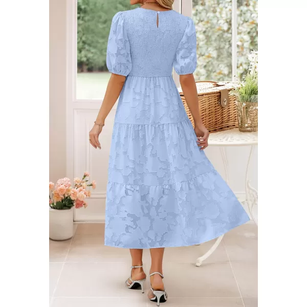 imageZESICA Womens 2023 Summer Short Puff Sleeve Crewneck Smocked Floral Lace Flowy A Line Tiered Midi DressesLightblue