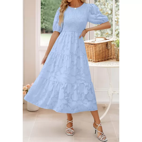 imageZESICA Womens 2023 Summer Short Puff Sleeve Crewneck Smocked Floral Lace Flowy A Line Tiered Midi DressesLightblue
