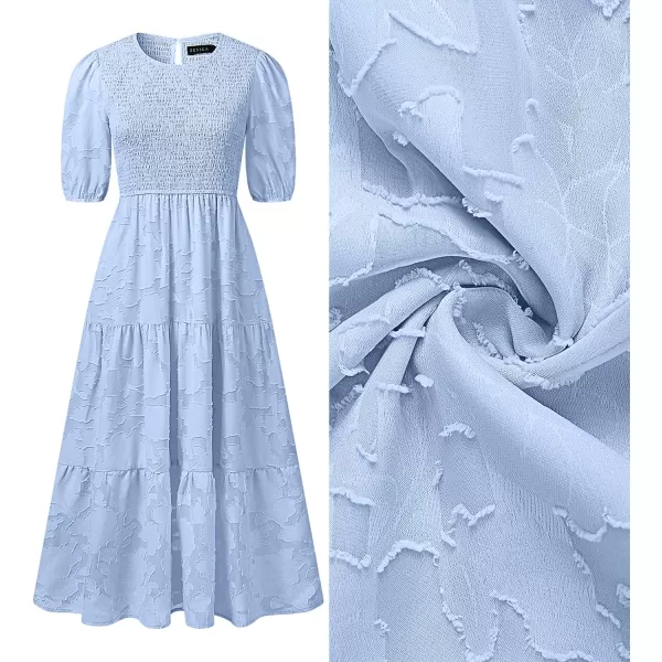 imageZESICA Womens 2023 Summer Short Puff Sleeve Crewneck Smocked Floral Lace Flowy A Line Tiered Midi DressesLightblue