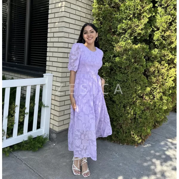 imageZESICA Womens 2023 Summer Short Puff Sleeve Crewneck Smocked Floral Lace Flowy A Line Tiered Midi DressesLightpurple