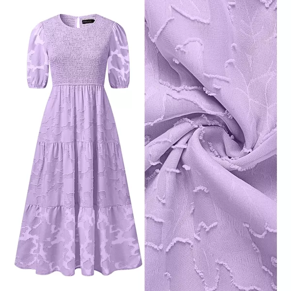 imageZESICA Womens 2023 Summer Short Puff Sleeve Crewneck Smocked Floral Lace Flowy A Line Tiered Midi DressesLightpurple