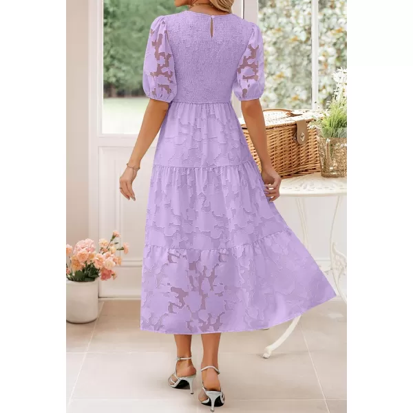 imageZESICA Womens 2023 Summer Short Puff Sleeve Crewneck Smocked Floral Lace Flowy A Line Tiered Midi DressesLightpurple