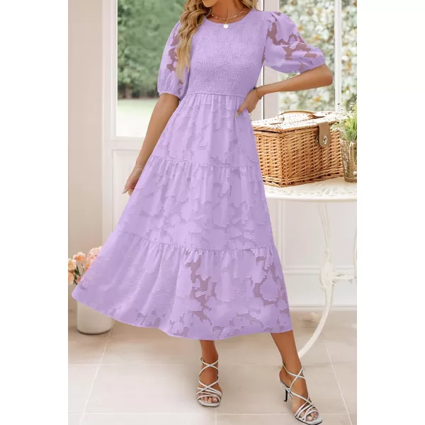imageZESICA Womens 2023 Summer Short Puff Sleeve Crewneck Smocked Floral Lace Flowy A Line Tiered Midi DressesLightpurple