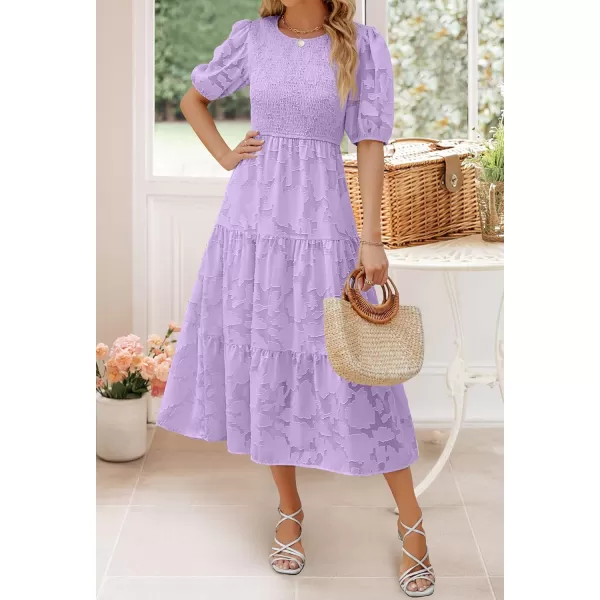 imageZESICA Womens 2023 Summer Short Puff Sleeve Crewneck Smocked Floral Lace Flowy A Line Tiered Midi DressesLightpurple