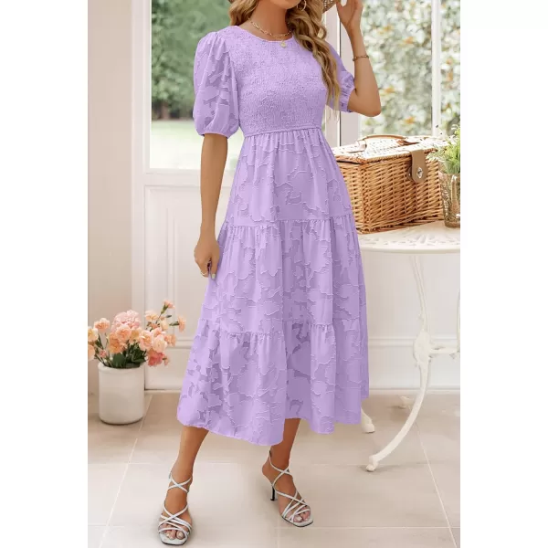 imageZESICA Womens 2023 Summer Short Puff Sleeve Crewneck Smocked Floral Lace Flowy A Line Tiered Midi DressesLightpurple
