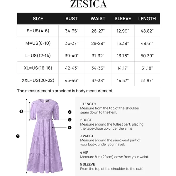 imageZESICA Womens 2023 Summer Short Puff Sleeve Crewneck Smocked Floral Lace Flowy A Line Tiered Midi DressesLightpurple