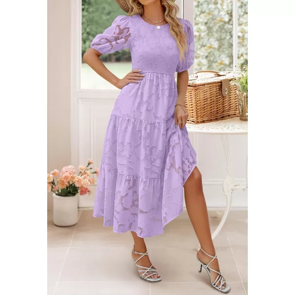 imageZESICA Womens 2023 Summer Short Puff Sleeve Crewneck Smocked Floral Lace Flowy A Line Tiered Midi DressesLightpurple