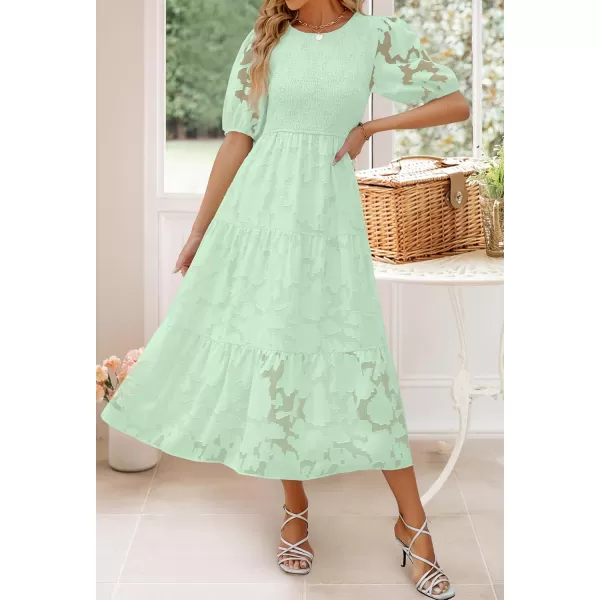 imageZESICA Womens 2023 Summer Short Puff Sleeve Crewneck Smocked Floral Lace Flowy A Line Tiered Midi DressesMint