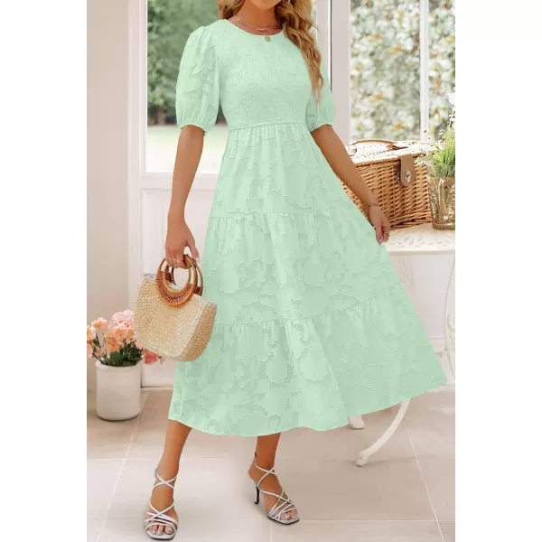 imageZESICA Womens 2023 Summer Short Puff Sleeve Crewneck Smocked Floral Lace Flowy A Line Tiered Midi DressesMint