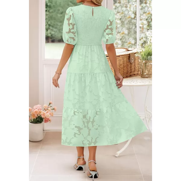 imageZESICA Womens 2023 Summer Short Puff Sleeve Crewneck Smocked Floral Lace Flowy A Line Tiered Midi DressesMint