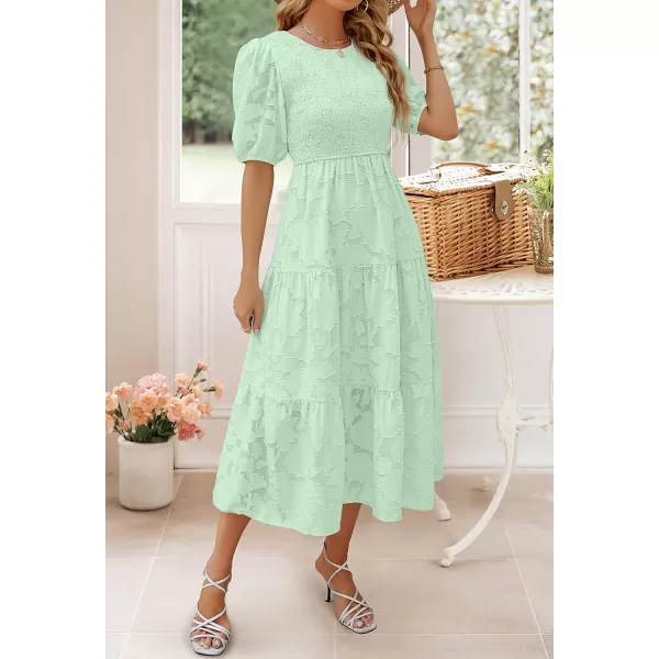 imageZESICA Womens 2023 Summer Short Puff Sleeve Crewneck Smocked Floral Lace Flowy A Line Tiered Midi DressesMint