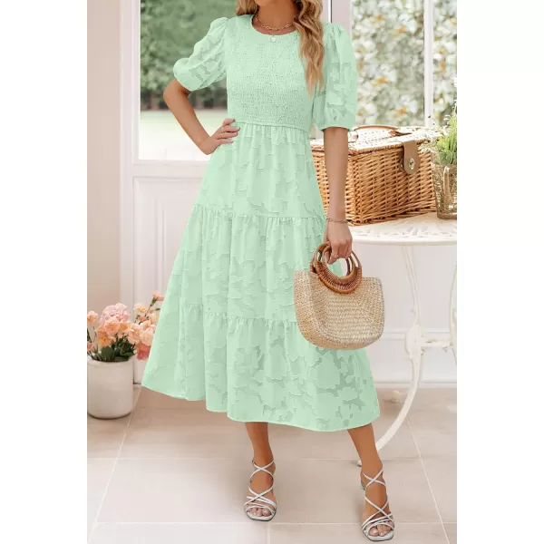 imageZESICA Womens 2023 Summer Short Puff Sleeve Crewneck Smocked Floral Lace Flowy A Line Tiered Midi DressesMint