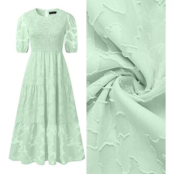 imageZESICA Womens 2023 Summer Short Puff Sleeve Crewneck Smocked Floral Lace Flowy A Line Tiered Midi DressesMint