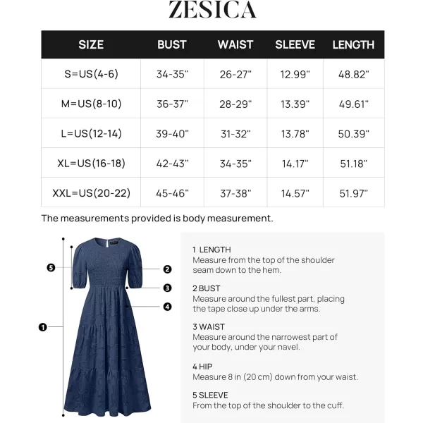 imageZESICA Womens 2023 Summer Short Puff Sleeve Crewneck Smocked Floral Lace Flowy A Line Tiered Midi DressesNavy