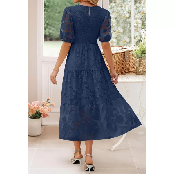 imageZESICA Womens 2023 Summer Short Puff Sleeve Crewneck Smocked Floral Lace Flowy A Line Tiered Midi DressesNavy