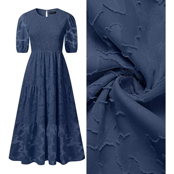 imageZESICA Womens 2023 Summer Short Puff Sleeve Crewneck Smocked Floral Lace Flowy A Line Tiered Midi DressesNavy