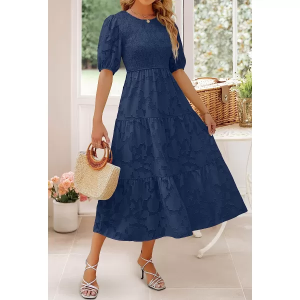 imageZESICA Womens 2023 Summer Short Puff Sleeve Crewneck Smocked Floral Lace Flowy A Line Tiered Midi DressesNavy