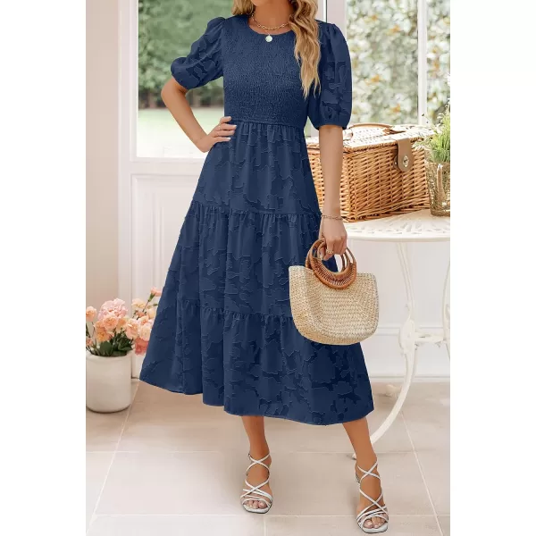 imageZESICA Womens 2023 Summer Short Puff Sleeve Crewneck Smocked Floral Lace Flowy A Line Tiered Midi DressesNavy