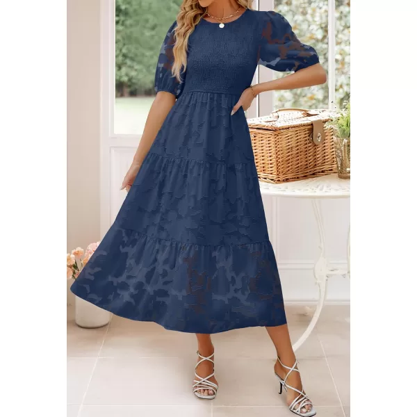 imageZESICA Womens 2023 Summer Short Puff Sleeve Crewneck Smocked Floral Lace Flowy A Line Tiered Midi DressesNavy