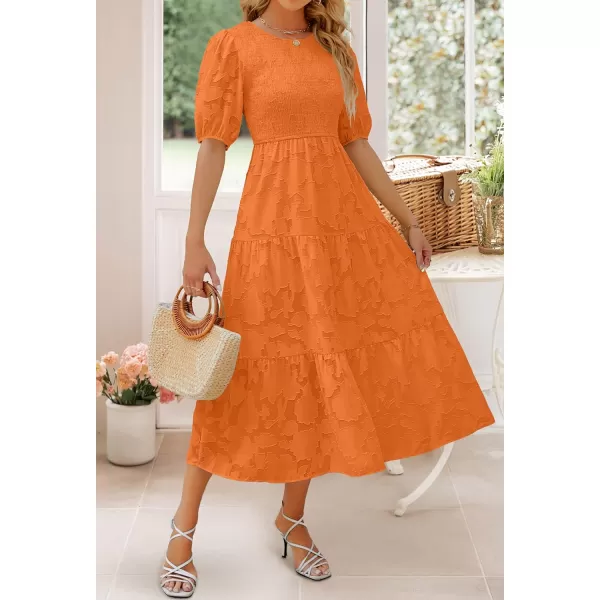 imageZESICA Womens 2023 Summer Short Puff Sleeve Crewneck Smocked Floral Lace Flowy A Line Tiered Midi DressesOrange
